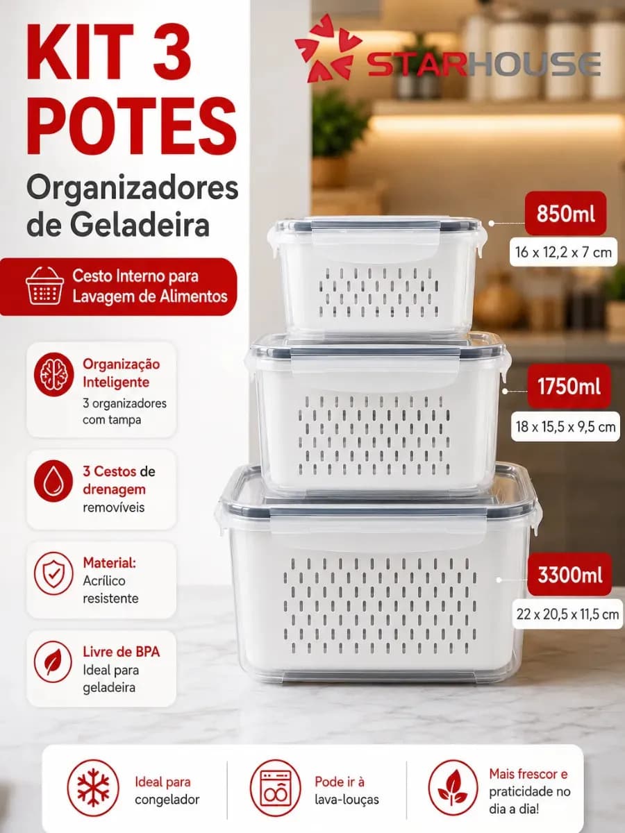 Kit 3 Organizadores de Geladeira com Tampa e Trava